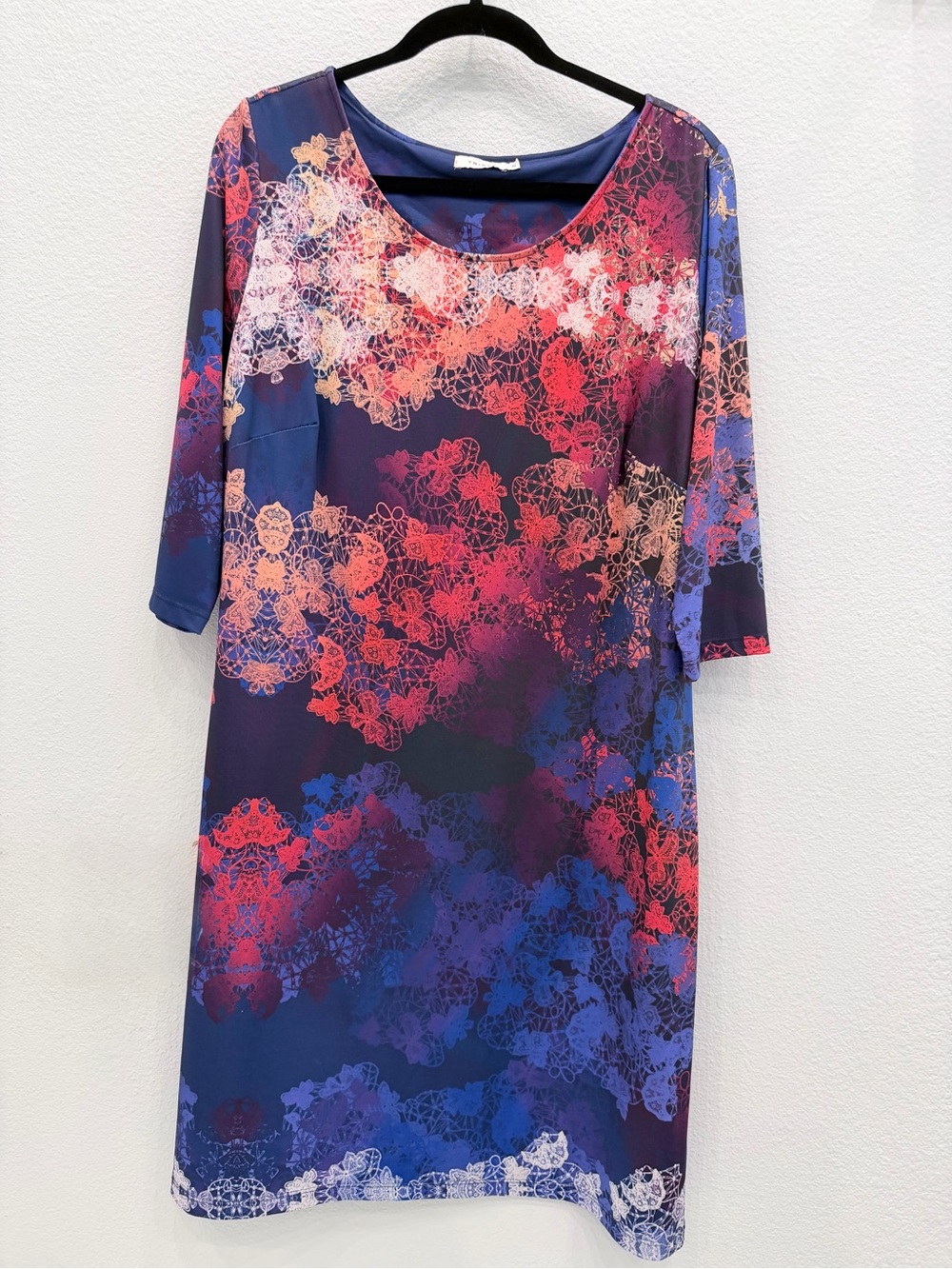 Triste XL Blue Purple Coral Floral Print 3/4 Sleeve Shift Dress